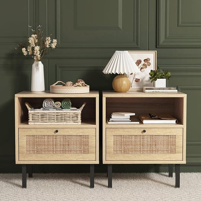 Rattan Nightstands Set of 2, Boho Night Stand with 1 Door, Accent End Table, Wood Bediside Table with Metal Legs&Open Shelf, Natural Wood - LeafyLoom