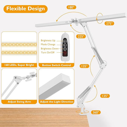 LED Desk Lamp with Clamp, Super Bright Double Head Desk Lamps for Home Office, 5 Color Modes, 10%~100% Dimmable Brightness, Architect Task Desk Light, Modern Swing Arm Workbench Desk Lighting - LeafyLoom