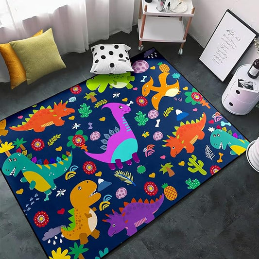 Dinosaur Rugs for Boys Bedroom Dinosaur Play Rug Kids Room Rug Dinosaur Area Rug Cartoon Dinosaur Carpet Cute Dinosaur Mat Dinosaur Rug for Living Room Bedroom Playroom, Blue 4'×5' - LeafyLoom