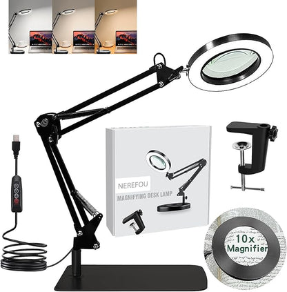 Magnifying Glass with Light and Stand, 10X Magnifying Lamp, 2-in-1 Magnifying Desk Lamp with Clamp, 3 Color Mode, Magnifying Glasses with Light for Close Work (Large Base ＆Clamp) - LeafyLoom