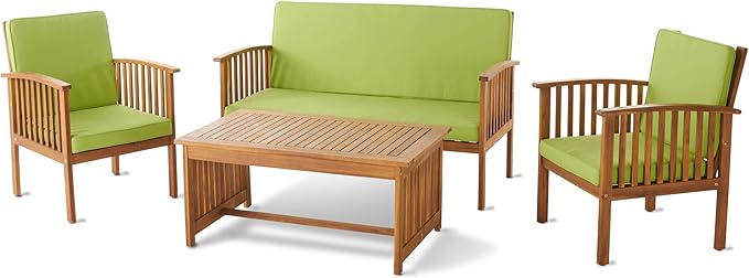 Christopher Knight Home Carolina Outdoor Acacia Wood Sofa Set with Water Resistant Cushions, 4-Pcs Set, Brown Patina / Light Green - LeafyLoom