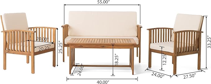 Christopher Knight Home Carolina Outdoor Acacia Sofa Set, 4-Pcs Set, Brown Patina + Cream Cushion - LeafyLoom