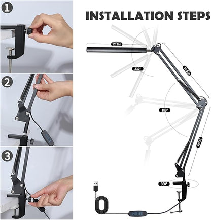 Adjustable Swing Arm Desk Lamp with Clamp, LED Desk Lamp,Dimmable Desk Light, 3 Colors 10 Brightness Adjustable Flexible Gooseneck, Architect Task Lamp for Home Office - LeafyLoom