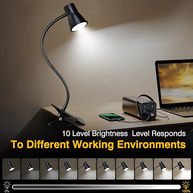 Clip on Light Reading for Bed LED Desk Lights 3 Color Modes 10 Brightness USB Lamp Eye Care 360° Flexible Gooseneck Dimmable for Headboard Computer Read Books Task Lamps with Adapter Bookmark(Black) - LeafyLoom