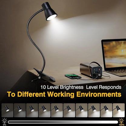 Clip on Light Reading for Bed LED Desk Lights 3 Color Modes 10 Brightness USB Lamp Eye Care 360° Flexible Gooseneck Dimmable for Headboard Computer Read Books Task Lamps with Adapter Bookmark(Black) - LeafyLoom