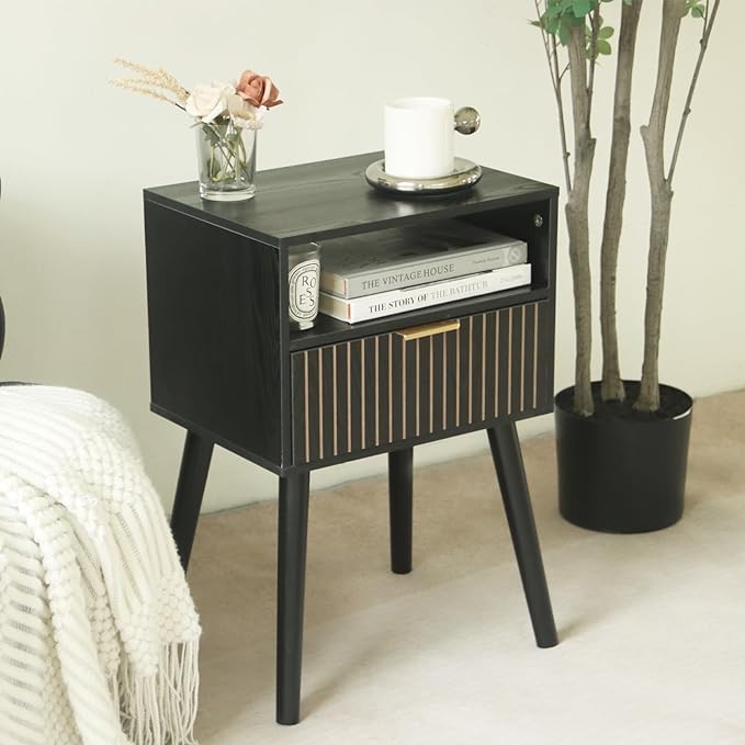 MaxSmeo Black Nightstand with Drawer, Mid Century Modern Bedside Table with Open Shelf Storage, End Table with Solid Wood Legs, Black - LeafyLoom