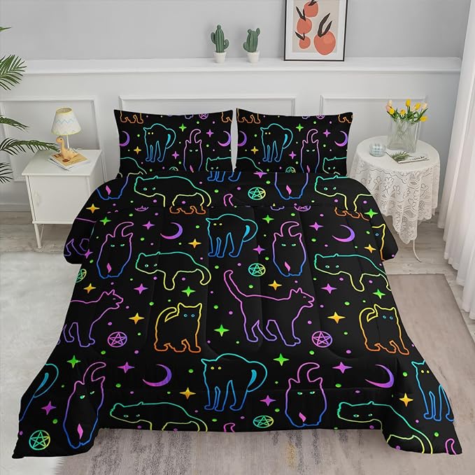 Black Cat Bedding Cartoon Cat Comforter Set Full,Moon Stars Printed Kids Bedding Set for Boys Girls Adults Room Decor,Kids Comforter Set All Season,1 Quilt 2 Pillow Cases,Neon Color Purple Blue Green - LeafyLoom