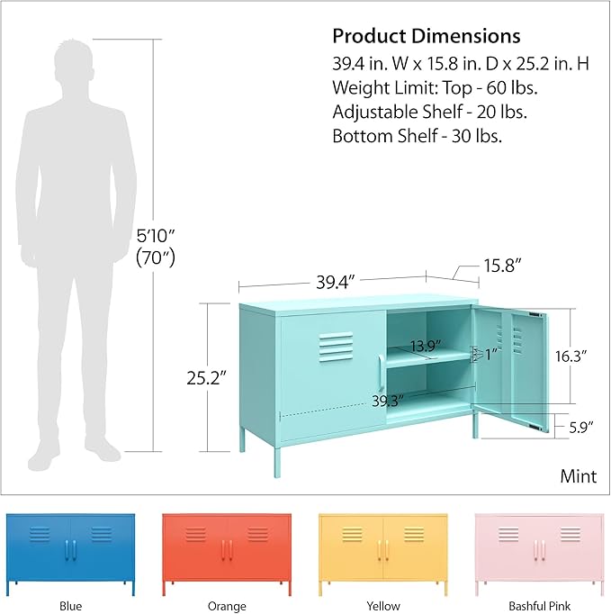 Novogratz Cache 2 Door Metal Locker Accent, Mint Cabinet - LeafyLoom