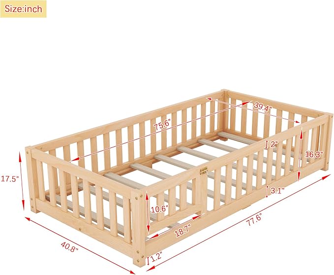 Multifunctional Twin Size Floor Bed with Safety Guardrails and Door, Removable Wood Slats, Montessori Beds Frame for Toddlers, for Boys and Girls, Natural - LeafyLoom