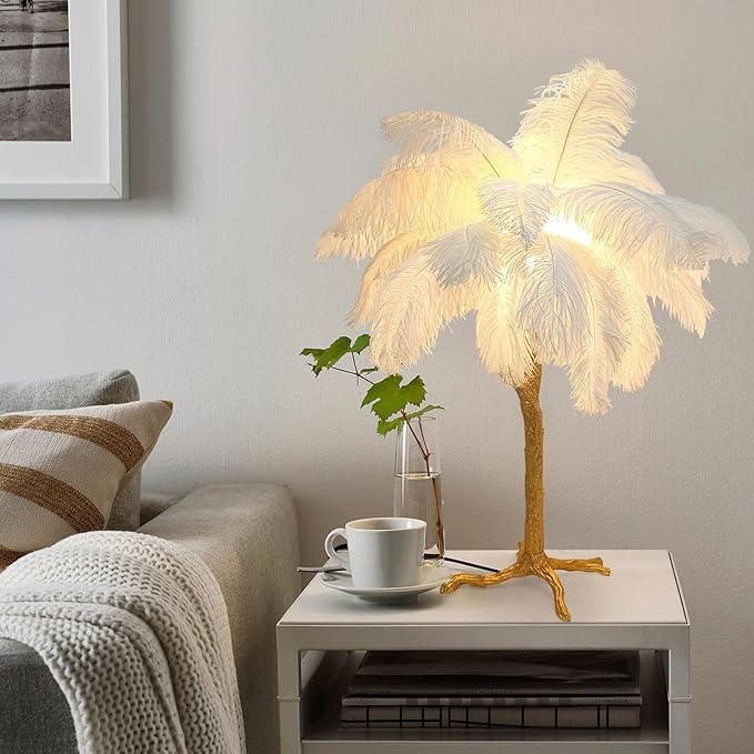 White Bedside Lamp Ostrich Feather Desk Lamp Gold Resin Ostrich Feather Table Lamp, Girls Gift Romantic Wedding Decoration Palm Tree Lamps G4*3 - LeafyLoom