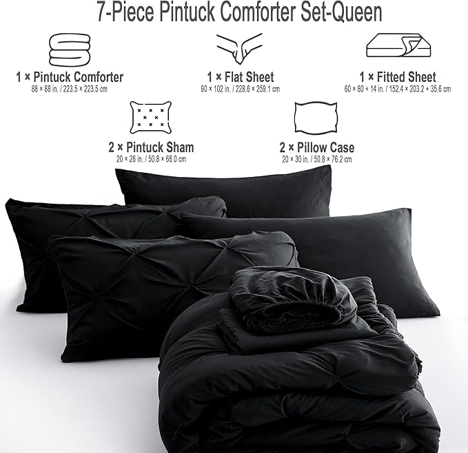 Ubauba 7pc Black Queen Comforter Set with Sheets, 7 Piece Pintuck Bed in a Bag, Queen Size Bed Set for All Seasons, Pinched Pleat Bedding Sets (Black,Queen) - LeafyLoom