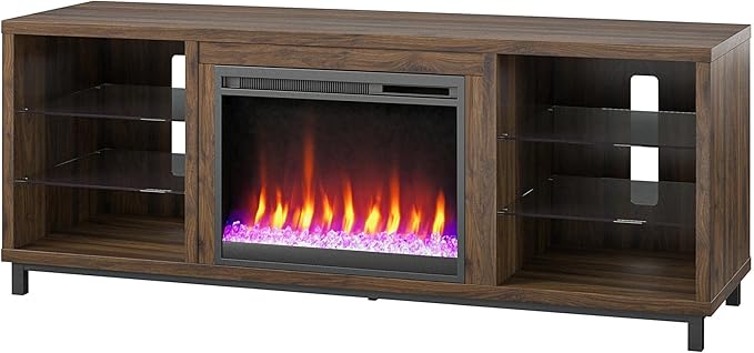 Ameriwood Home Lumina Fireplace TV Stand for TVs up to 70 Inch, Replaceable Electric Fireplace Insert Heater, Remote Control, Timer, Color Changing LED Lights, Crystal Ember Flames, Walnut - LeafyLoom