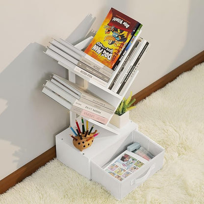 Small Bookshelf with Drawer,4 Tier Tree Book Shelf,Wood Desk Bookshelves,Modern Free Standing Desktop Display Shelves,White Floor Standing Organizer Bookcase for Living Room,Bedroom,Office - LeafyLoom