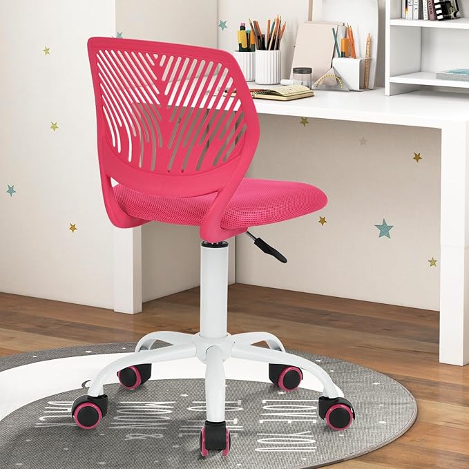 Desk Chair Armless Small Study Chairs Armless for Child Kids Teens, Ergonomic Swivel Rolling Lightweight Task Chair with Wheels and Mesh Padded Cushion, Pink - LeafyLoom