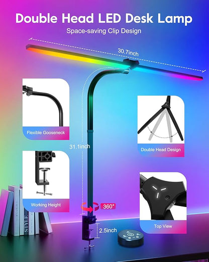 Brightown LED Desk Lamp with Clamp for Home Office, Double Head Color Changing Desk Lights with Remote, 24W Ultra Bright Multicolor Table Lamp with Rotatable Swing Arms for Gaming Computer, RGB Mode - LeafyLoom