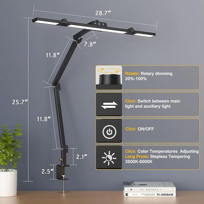 Led Desk Lamp for Office Home, Architect Desk Lamp with Clamp, Ultra Bright Dimmable Table Light, Stepless Dimming and Tempering Desk Light for Workbench Drafting Reading Study (Black) - LeafyLoom