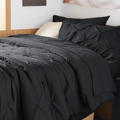 BEDSURE TwinXL Comforter Set with Sheets - 6 Pieces TwinXL Bedding Sets, Pinch Pleat Black Bed in a Bag with Comforters, Sheets & Skirt, Pillowcase & Sham, Kids Bedding Set - LeafyLoom