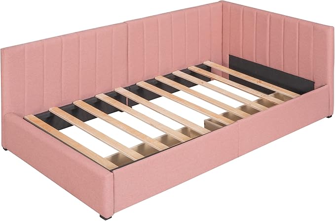 Twin Size Upholstered Daybed with Headboard and 2 Storage Drawers Underneath, Modern Linen Fabric Day Bed Frame for Bedroom/Living Room/Guestroom, Pink - LeafyLoom