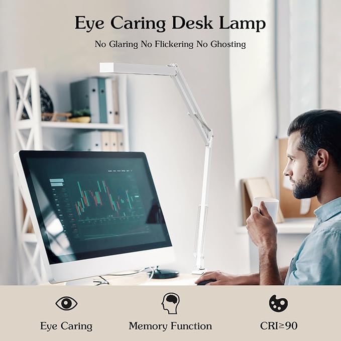 LED Desk Lamp, Manicure Table Lamp, 16" Lamp Head, Dimmable Eye-Caring Drafting Light with 3 Color Modes, 10 Brightness Levels & Adapter, Memory Function(White) - LeafyLoom