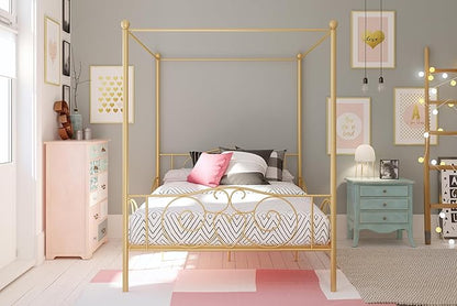 DHP Metal Canopy Kids Platform Bed with Four Poster Design, Scrollwork Headboard and Footboard, Underbed Storage Space, No Box Sring Needed, Full, Gold - LeafyLoom