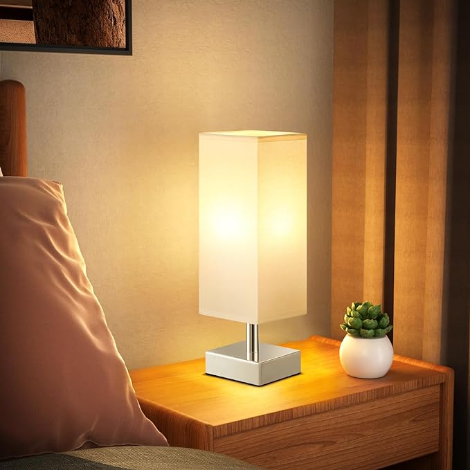 White Small Table Lamp for Bedroom - Bedside Lamps for Nightstand, Minimalist Night Stand Lamp with Square Fabric Shade, Desk Reading Lamp for Kids Room Living Room Office with Sliver Base - LeafyLoom