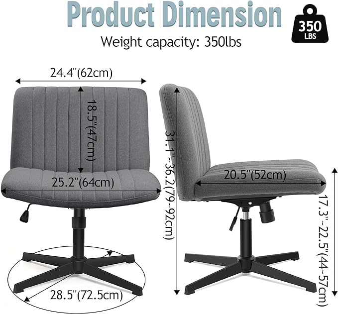 Armless Office Chair no Wheels, Ergonomic Wide Seat Swivel Desk Chair, Height Adjustable Cross Legged Comfortable Computer Chair for Living Room, Vanity Accent Chair Darkgray - LeafyLoom