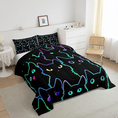 Erosebridal Kids Bedding Cartoon Cat Comforter Set Twin Size,Gradient Line Cute Cat Bedding Set for Teens Boys Girls Adults Room Decor,Lovely Animal Kitten Print Comforter All Season,Rainbow Black - LeafyLoom