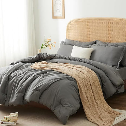 King bed in a bag 7 pieces bedding comforter set with Comforter and Sheets Grey King bed set with sheets,Pillow Shams, Flat Sheet, Fitted Sheet and Pillowcases - LeafyLoom