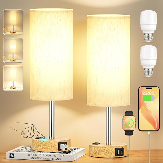 Touch Bedside Table Lamps Set - 3 Way Dimmable Bedroom Lamps Set of 2 with USB C and A Ports, Small Lamps for Nightstand with AC Outlet, Wood Base Round Flaxen Shade for Desk, Office, Dorm, Nursery - LeafyLoom