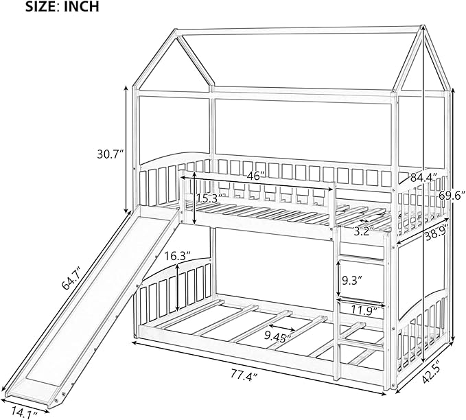 Twin Over Twin Bunk Bed with Slide for Kids Bedroom,Solid Pinewood Bedframe,House Bunkbeds w/Safety Guardrails & Roof Design,No Box Spring Needed, White - LeafyLoom