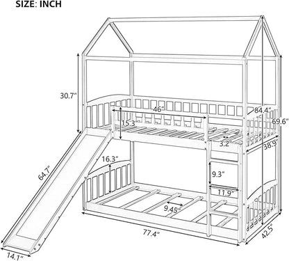 Twin Over Twin Bunk Bed with Slide for Kids Bedroom,Solid Pinewood Bedframe,House Bunkbeds w/Safety Guardrails & Roof Design,No Box Spring Needed, White - LeafyLoom