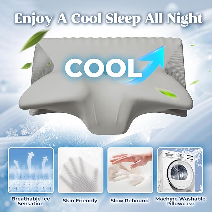 Cervical Pillow for Neck Pain Relief, Cooling Contour Memory Foam Pillows Support Odorless Ergonomic Neck Pillow Adjustable Orthopedic Bed Pillow for Side Back Stomach Sleeper with Pillowcase - LeafyLoom