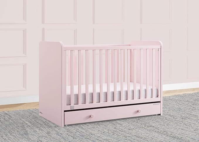 Delta Children babyGap Graham 4-in-1 Convertible Crib with Storage Drawer + Brannan Bear Bookcase with Bins + Brannan Bear Wall Shelf with 4 Hooks, Blush Pink/Dark Pink (Bundle) - LeafyLoom