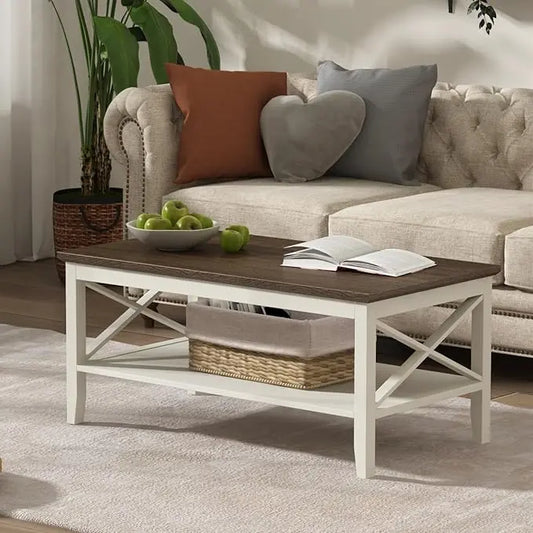 ChooChoo Oxford Coffee Table, Wooden Coffee Table with Thicker Legs, White Coffee Table with Storage for Living Room - LeafyLoom