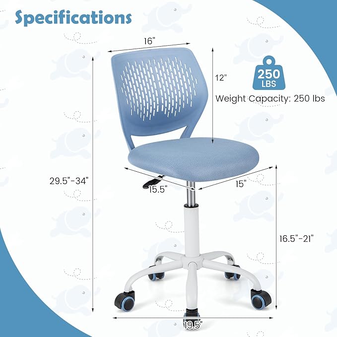 Kids Desk Chair, Blue Ergonomic Kids Office Chair Ages8-12 w/Lumbar Support, Low-Back Teen Desk Chair for Girls Boys, Small Cute Kids Computer Chair for Bedroom/Study/Vanity Desk - LeafyLoom