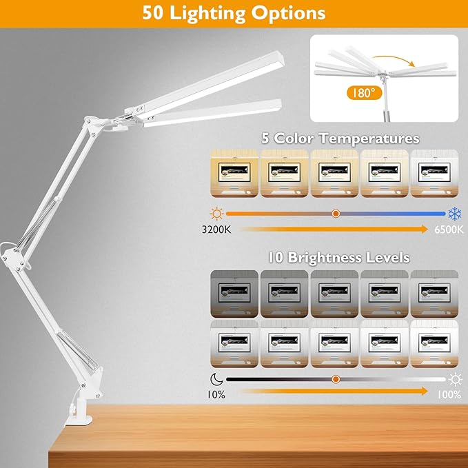 LED Desk Lamp with Clamp, Super Bright Double Head Desk Lamps for Home Office, 5 Color Modes, 10%~100% Dimmable Brightness, Architect Task Desk Light, Modern Swing Arm Workbench Desk Lighting - LeafyLoom