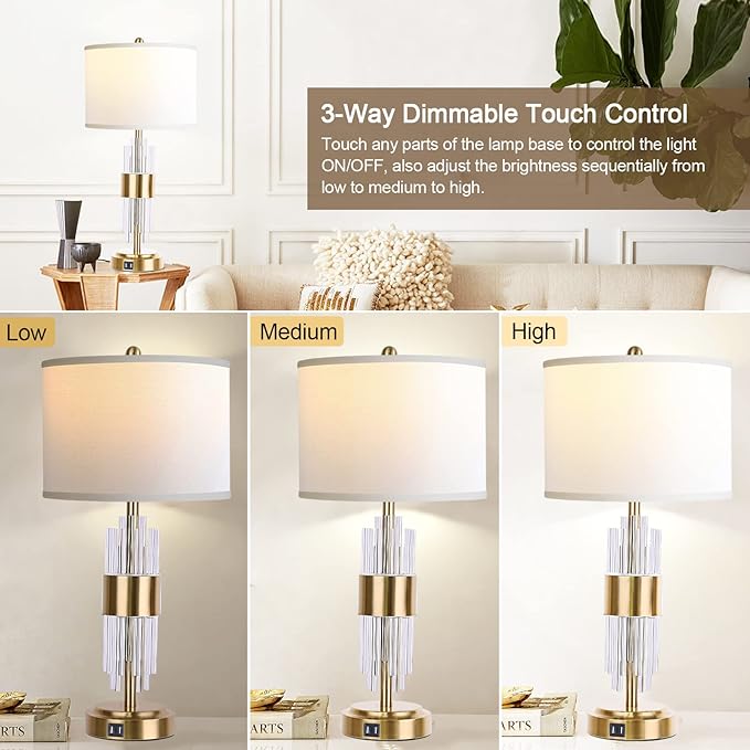 Bedside Table Gold Lamp for Living Room with USB Ports, Set of 2 with Touch Control, Modern Nightstand White Drum Lamp Shade Bedrooms Home Office Light Decor (2700K LED Bulb Included) - LeafyLoom