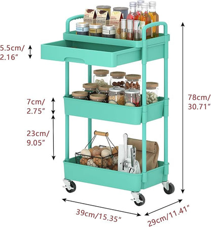 3-Tier Rolling Cart，Trolley with Drawer, Kitchen Storage Organizer with Plastic Shelf & Metal Wheels, Storage Cart for Living Room, Kitchen, Office, Bathroom, Green - LeafyLoom