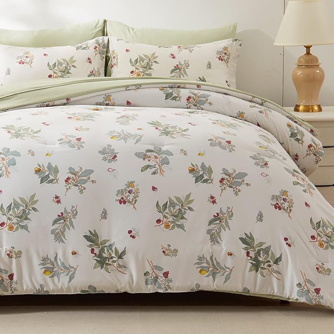 EMME Queen Comforter Set - Sage Green Floral Bedding Set 7 PCS with Flowers Leaves Pattern, Soft Plant Printed Botanical Bed Set with Sheets, Fluffy Bed Bag for All Season(90"X90") - LeafyLoom