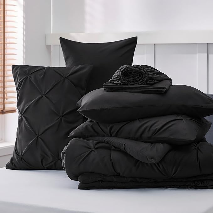 Bedsure Full Size Comforter Sets - Bedding Sets Full 7 Pieces, Bed in a Bag Black Bed Sets with Comforter, Sheets, Pillowcases & Shams, Adult & Kids Bedding - LeafyLoom