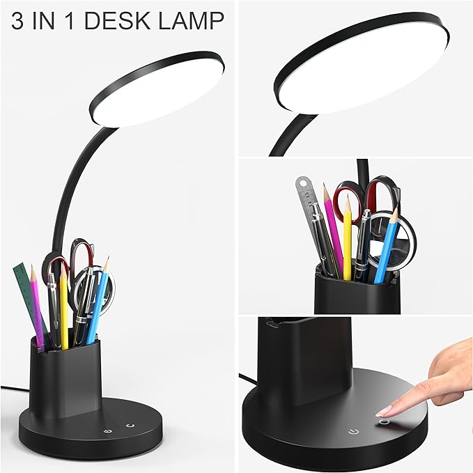 Desk Lamp, LED Desk Lamp for Home Office, Touch Table Lamp with 3 Color Modes 360° Adjustable Arm, Dimmable Desk Light with Pen Phone Holder, Black - LeafyLoom