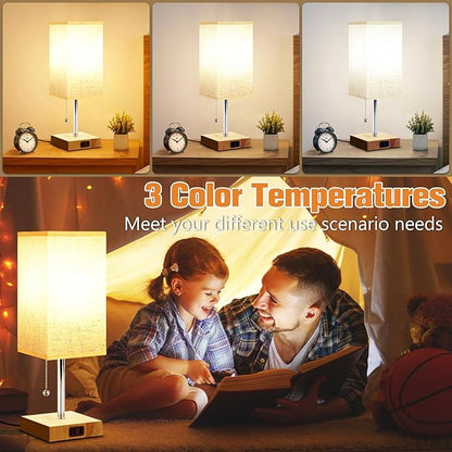 Bedside Table Lamp for Bedroom Nightstand, 3 Color Nightstand Lamps Set of 2 with AC Outlets, Square Pull Chain Bedside Lamp for Living Room, Office Desk, LED Bulb Included - LeafyLoom