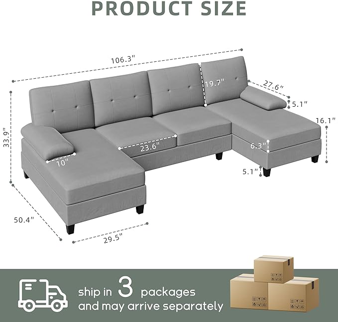 Shintenchi Sectional Couches for Living Room, U Shaped Sofa Couch with Double Chaise, 4-Seat Living Room Furniture Sets with Soft Cushion & Linen Fabric, Light Grey - LeafyLoom