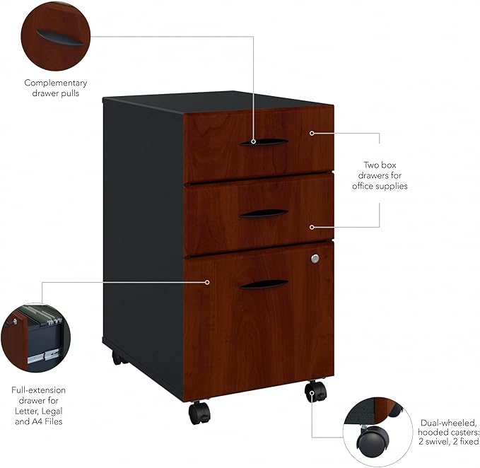 Bush Business Furniture Series A 3 Drawer Mobile File Cabinet in Hansen Cherry & Galaxy - Assembled, Rolling Document Storage for Home or Professional Office - LeafyLoom