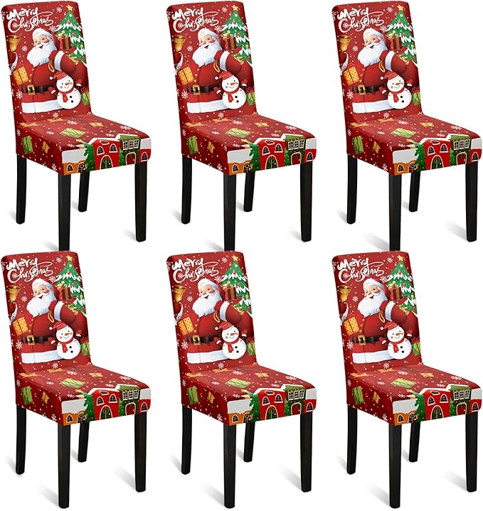 U'Artlines Christmas Chair Covers Set of 6, Removable Washable Merry Christmas Dining Chair Seat Covers Stretch Protector Slipcovers for Dining Room Kitchen Holiday Party Decor, Santa Claus UArtlines