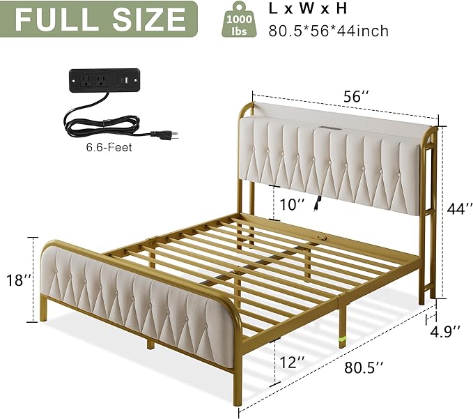 Feonase Full Bed Frame with Type-C & USB Port, Metal Platform Beds, with Velvet Upholstered Headboard & Footboard, 12" Underbed Storage Space, Easy Assembly, Noise-Free, Beige - LeafyLoom