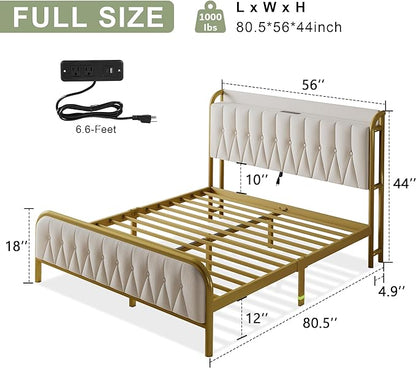 Feonase Full Bed Frame with Type-C & USB Port, Metal Platform Beds, with Velvet Upholstered Headboard & Footboard, 12" Underbed Storage Space, Easy Assembly, Noise-Free, Beige - LeafyLoom