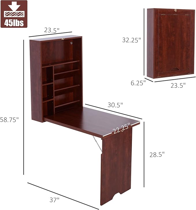 HOMCOM Compact Fold Out Wall Mounted Convertible Desk with Storage, Mahogany - LeafyLoom