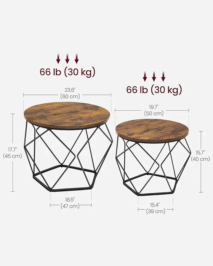 VASAGLE Small Coffee Table Set of 2, Round Coffee Table with Steel Frame, Side End Table for Living Room, Bedroom, Office, Rustic Brown and Ink Black - LeafyLoom