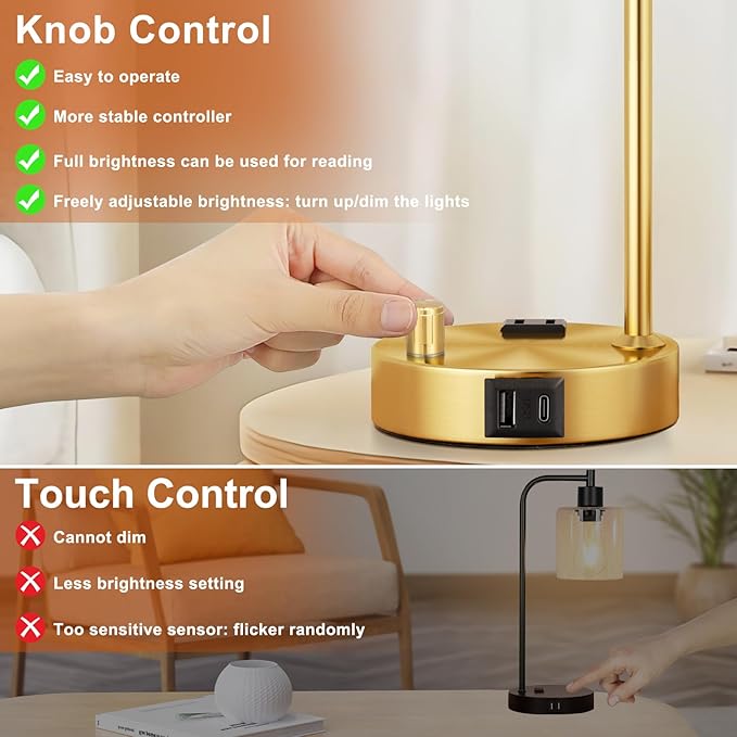 Industrial Table Lamps for Bedroom Set of 2 - Fully Dimmable Bedside Lamps with USB Ports and Outlet, Gold Nightstand Lamps with Clear Glass Shade for Living Room, Desk Lamps for Office Reading - LeafyLoom